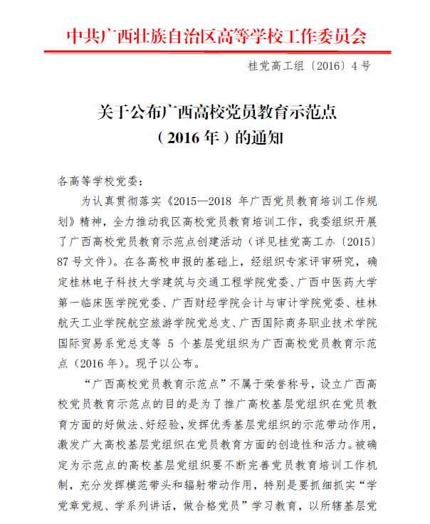 我院党总支入选2016年“广西高校党员教育示范点单位” 我院党总支入选2016年“广西高校党员教育示范点单位”