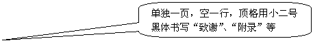 圆角矩形标注: 单独一页，空一行，顶格用小二号黑体书写“致谢”、“附录”等